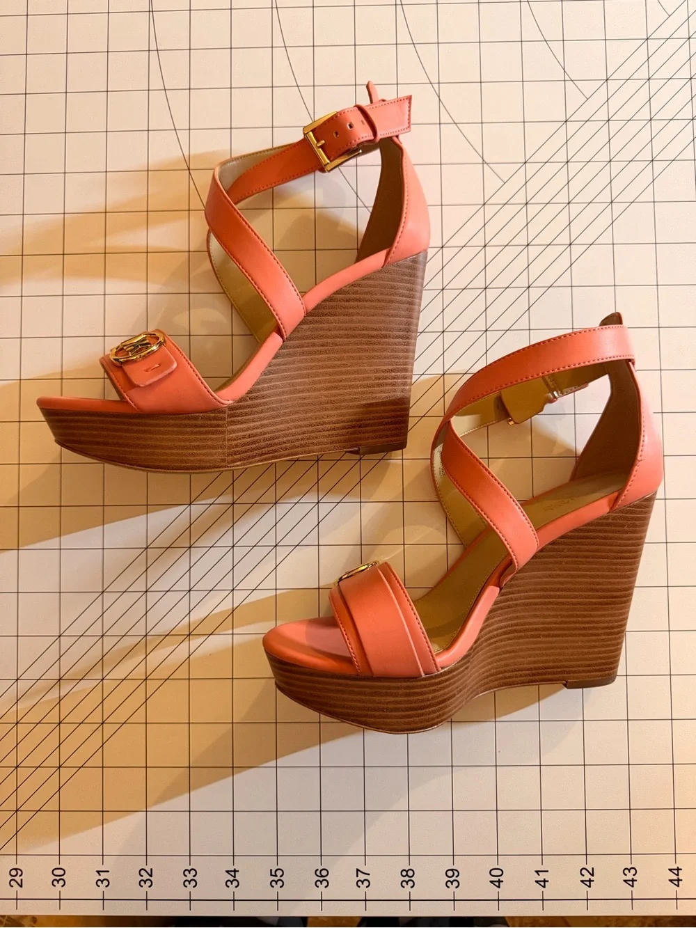 Michael Kors Coral Pink Wedge Sandals with Gold Buckle